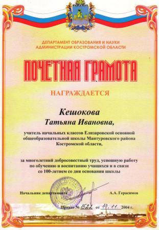 Почётная грамота ДОН администрацКостромс обл.jpg